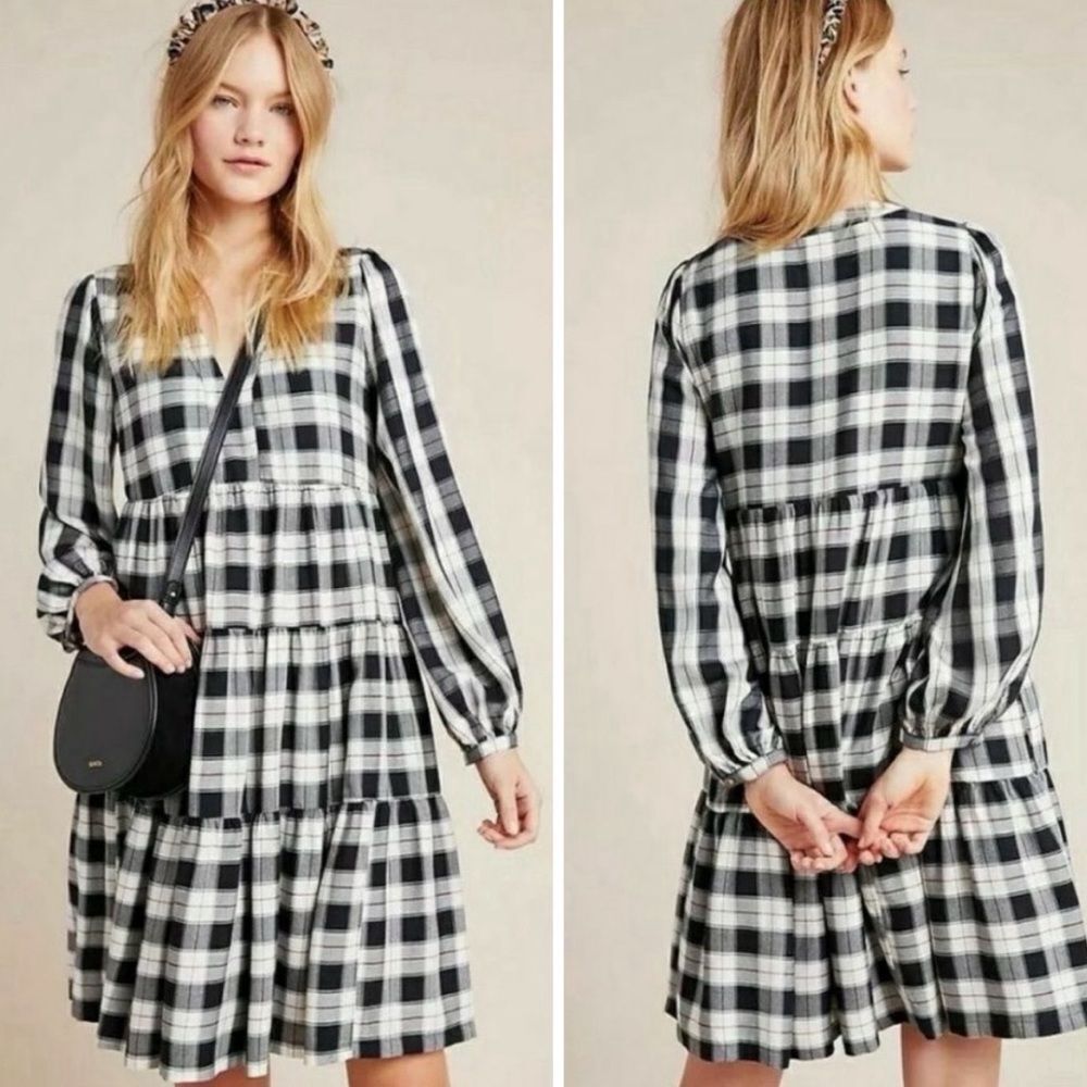 Anthropologie Maeve Amber Plaid Tiered Tunic Dress Black White Red Size XS